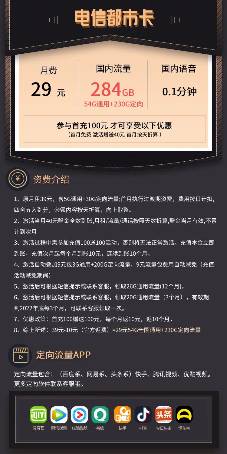 电信都市卡套餐介绍：29元包54G通用流量+230G定向流量