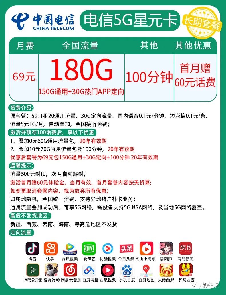 电信5G星元卡，69月租150G全国通用+30G定向+100分钟 20年套餐